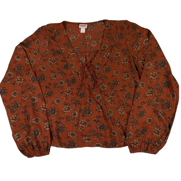 Mossimo size large rust/burnt orange floral Vneck long sleeve silky shirt - Picture 1 of 11
